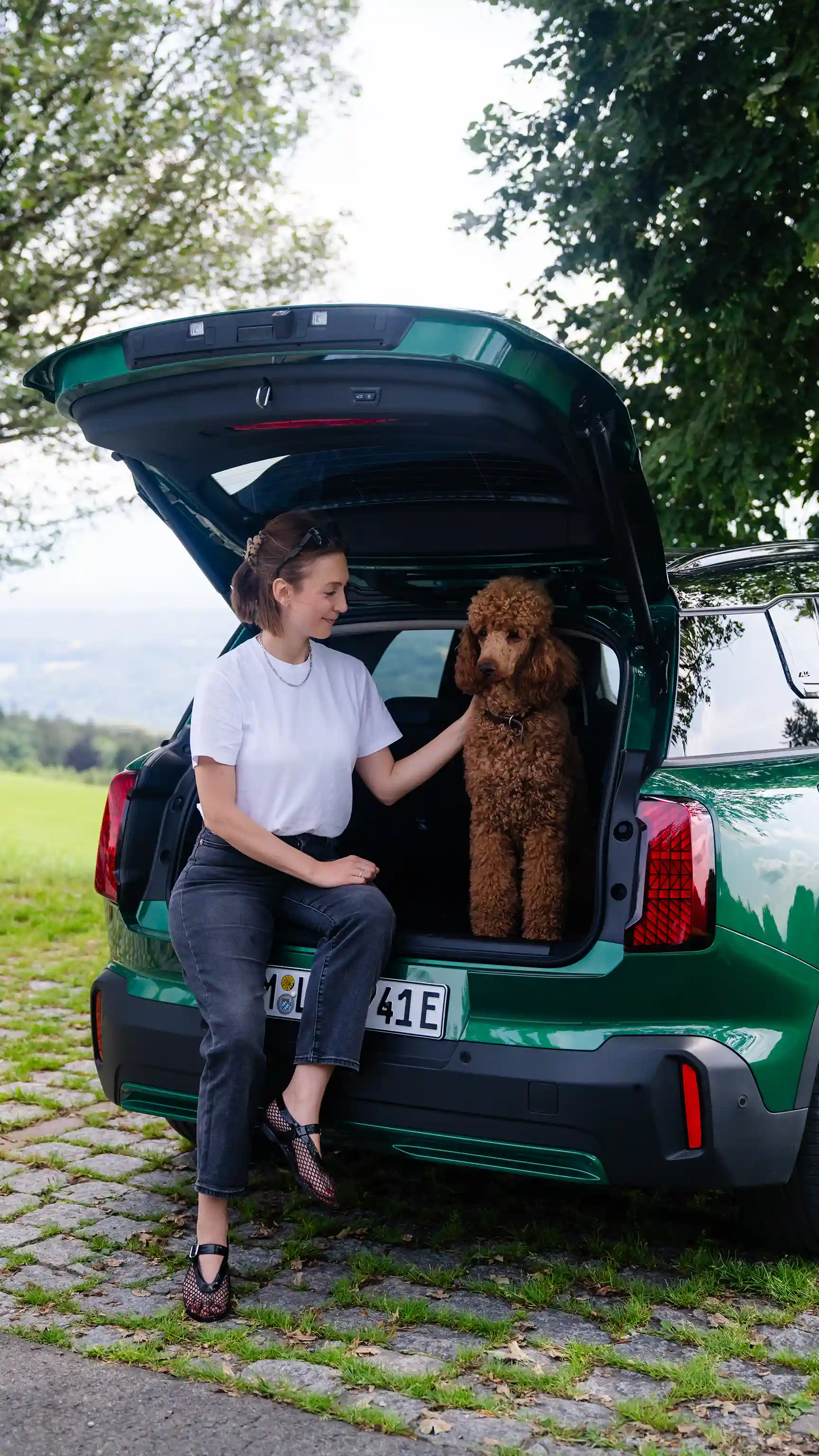Une personne assise à l’arrière d’une MINI Countryman avec un chien debout à ses côtés, hayon ouvert.