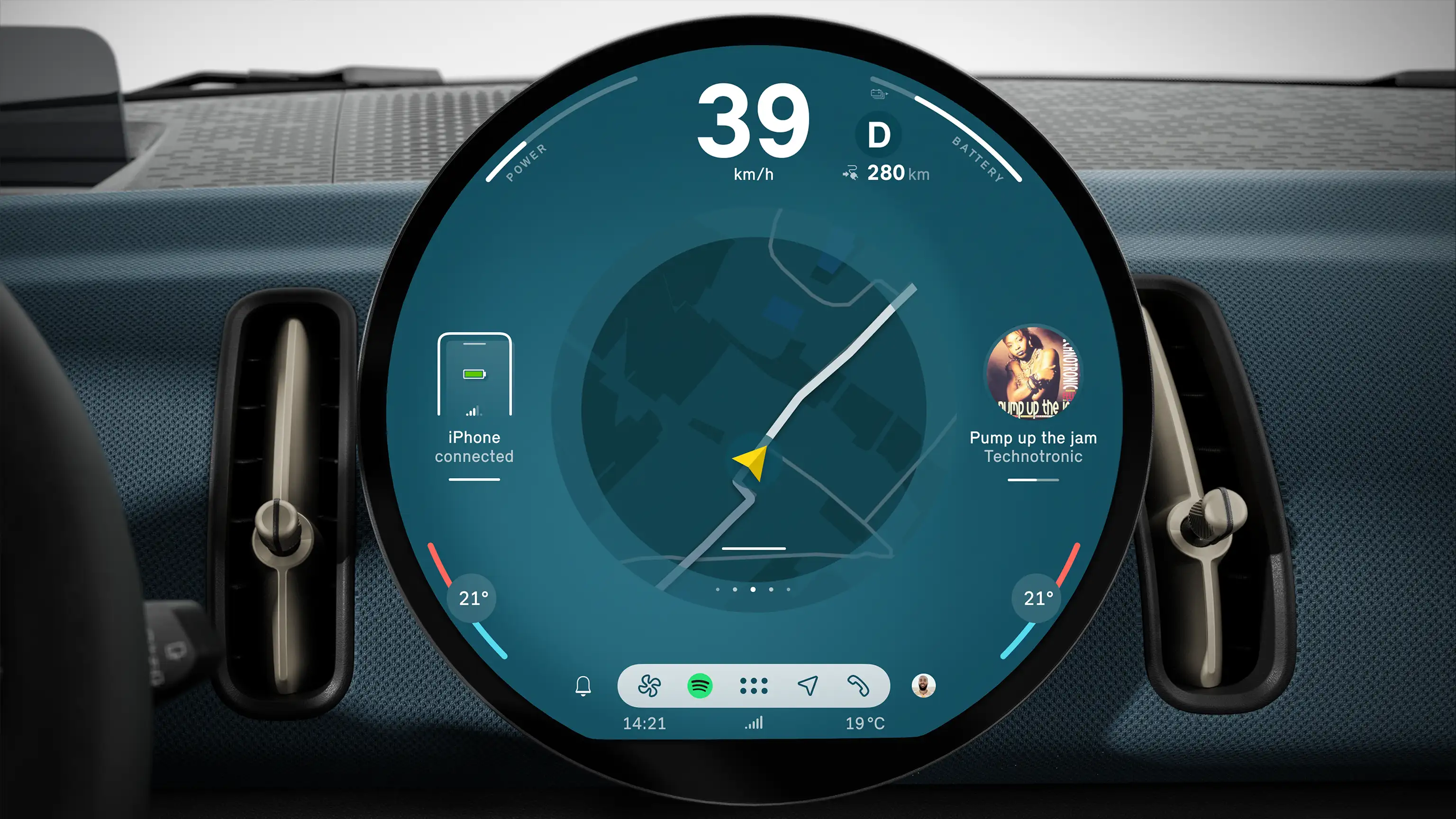 Rear‑view camera feed displayed on the circular MINI infotainment screen with parking guidelines.
